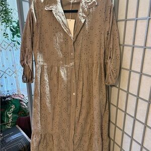 Button-Front Eyelet Long Sleeve Midi Dress in Taupe